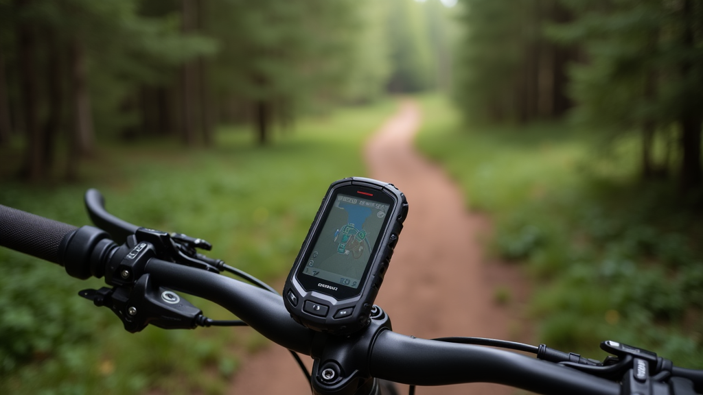 A rugged GPS navigation device mounted on a mountain bike handlebar, with forested singletrack trail winding into the distance.