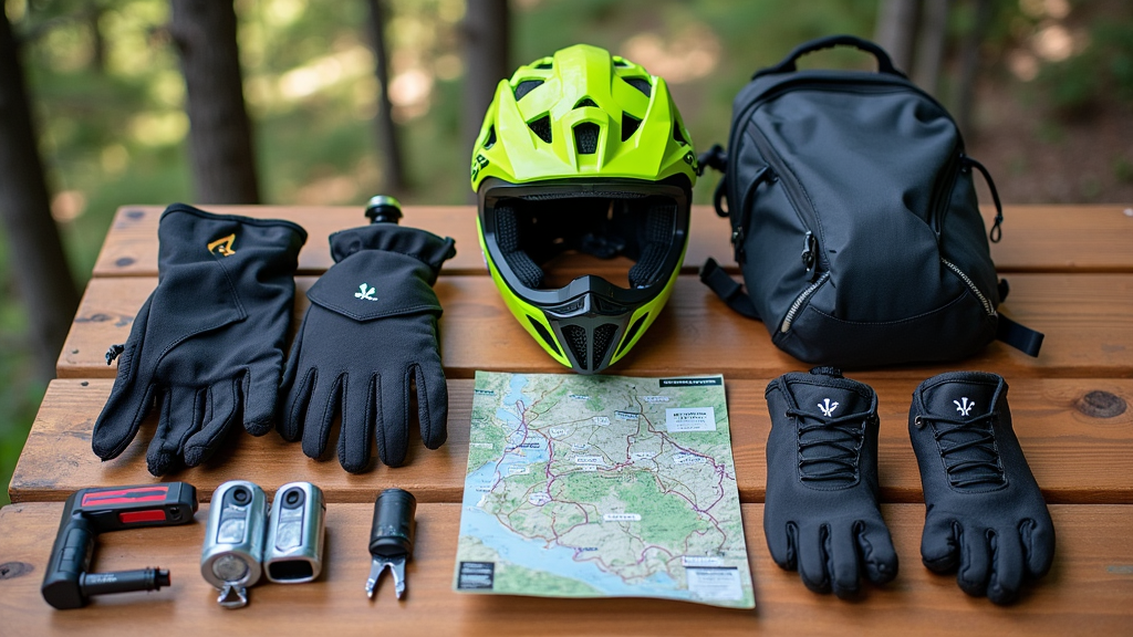 Mountain bike gear laid out on a wooden table, including helmet, gloves, hydration pack, tire pump, and bike tools, with a mountain trail visible in the background.