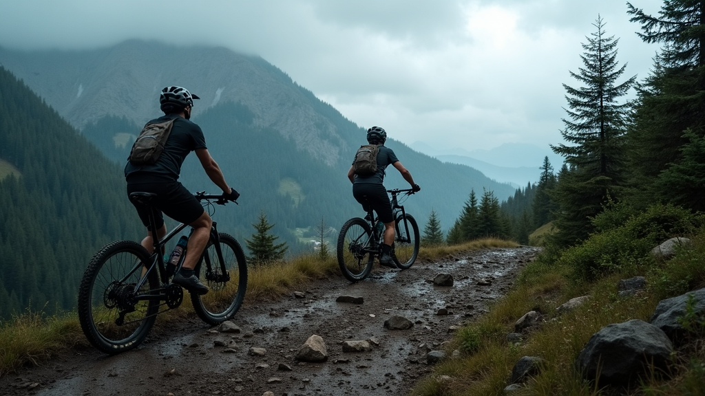 Mountain bike resting on a muddy trail with dramatic cloudy mountains in the background