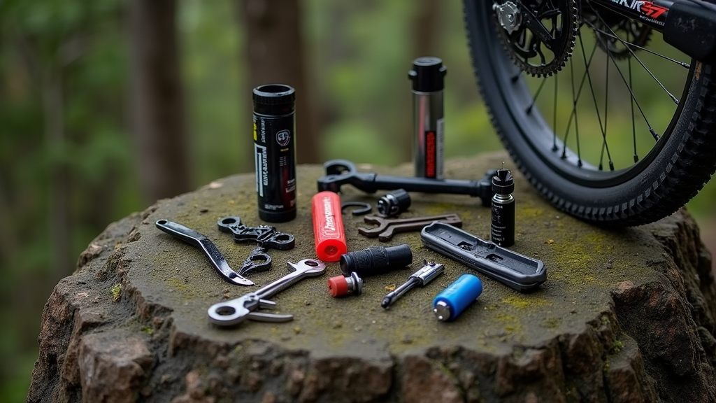mountain bike tools and parts laid out on a rock, surrounded by pine needles and forest floor