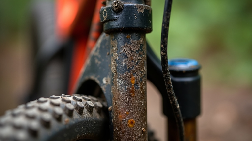A closeup of a mountain bike suspension fork with visible dust, dirt, and oil, highlighting poor maintenance.