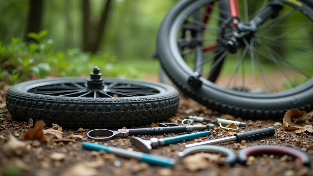 closeup of a bicycle tire and repair kit on the ground